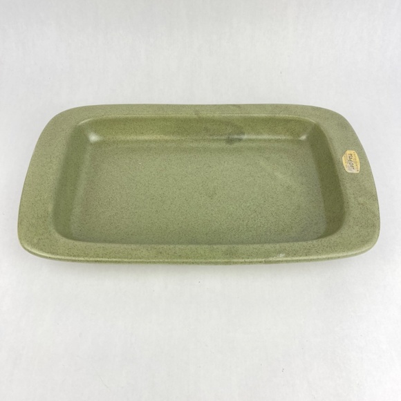 Vintage MCM Haeger 12” Rimmed Rectangle Sage Green Speckled Serving Bowl Platter - Picture 6 of 11